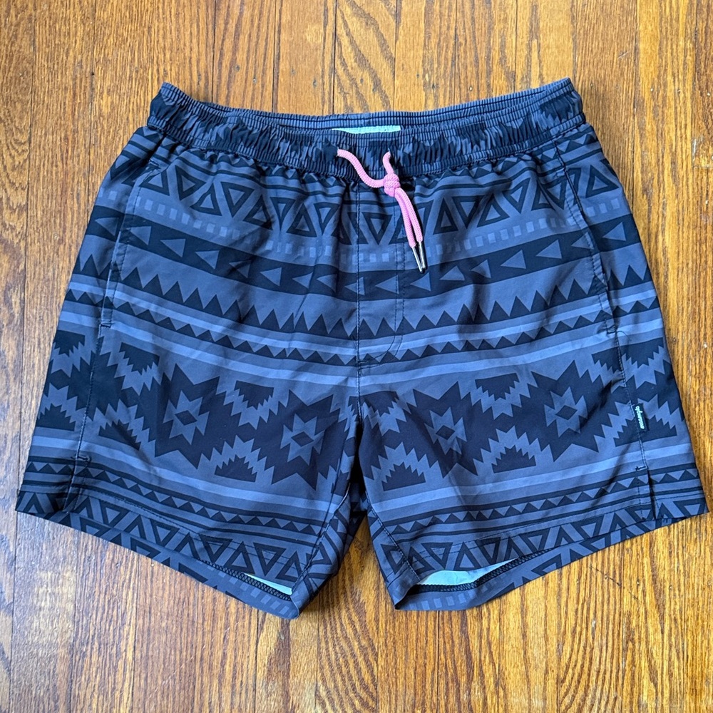 Geometric Patterned Lined Swim Shorts with Pink Drawstring Medium